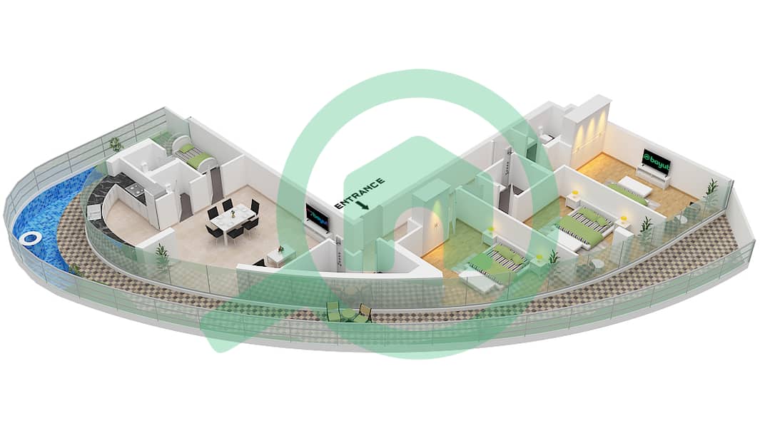 المخططات الطابقية لتصميم الوحدة 3 FLOOR 9 شقة 3 غرف نوم - تروساردي ريزيدنسز Unit 3 Floor 9 interactive3D