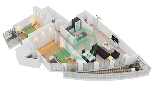 景观1号高塔 - 2 卧室公寓单位2 FLOOR 26-44,47-60戶型图