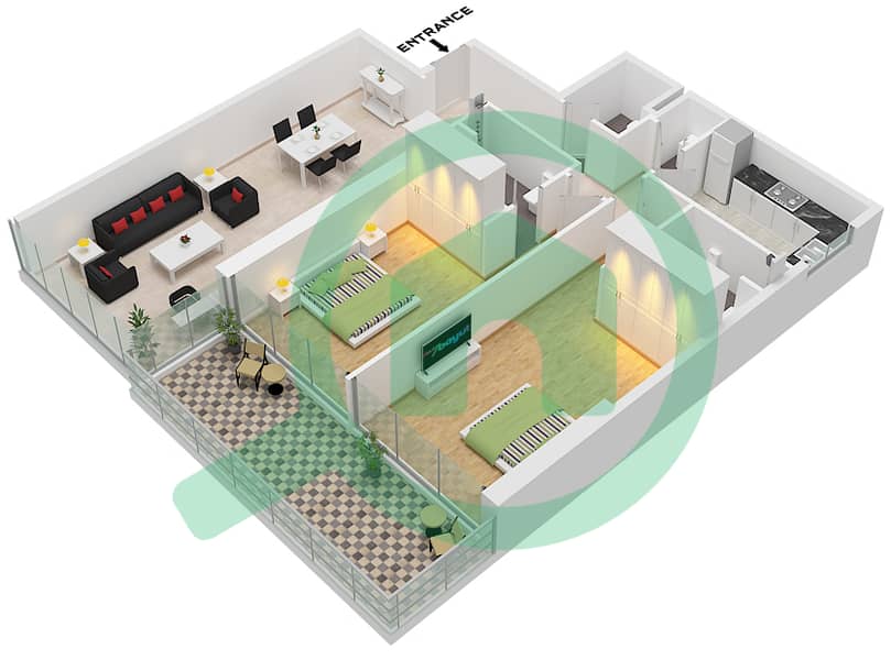 Роял Ридженси - Апартамент 2 Cпальни планировка Тип/мера T1 / UNIT 4 FLOOR 4-16 Type T1 Unit 4  Floor 4-16 interactive3D