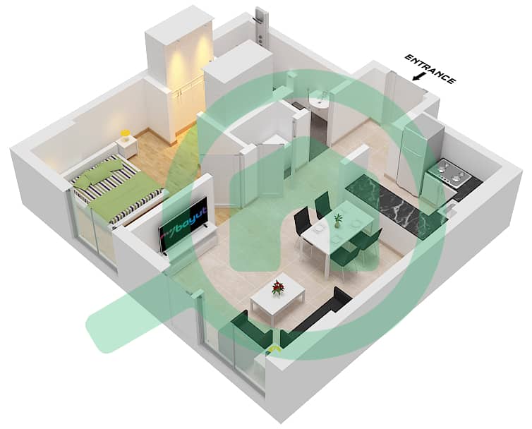 المخططات الطابقية لتصميم النموذج A شقة 1 غرفة نوم - بناية 2B Type A interactive3D