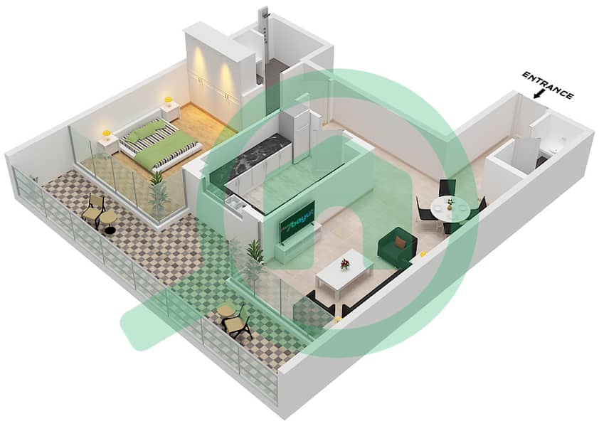 皇室风情公寓 - 1 卧室公寓类型／单位T12 / UNIT 8 FLOOR 4-16戶型图 Type T12 Unit 8  Floor 4-16 interactive3D