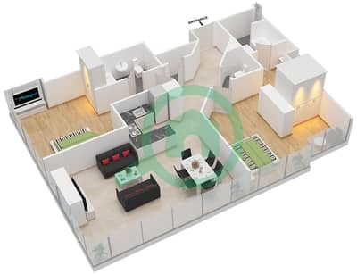 المخططات الطابقية لتصميم النموذج 2A شقة 2 غرفة نوم - سكاي جاردنز