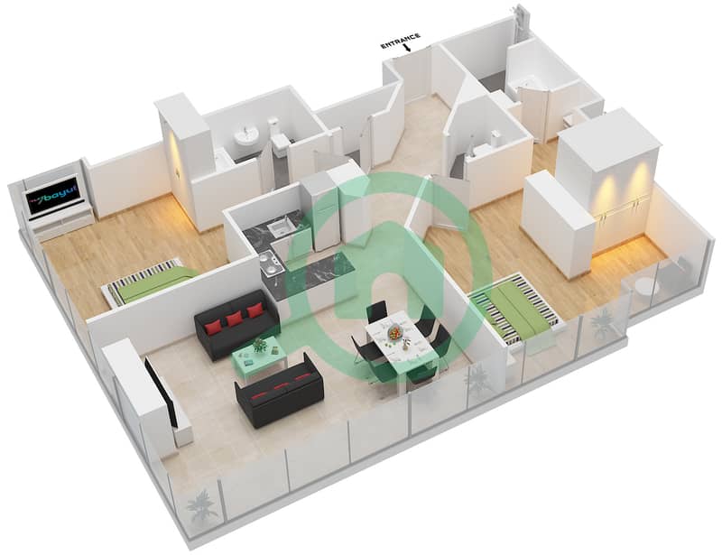 المخططات الطابقية لتصميم النموذج 2A شقة 2 غرفة نوم - سكاي جاردنز image3D