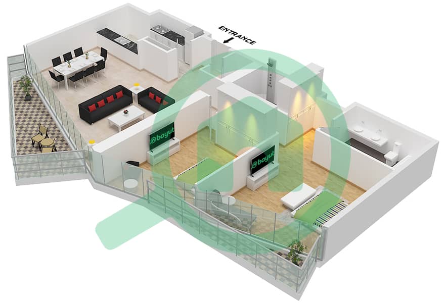 المخططات الطابقية لتصميم النموذج / الوحدة B / UNIT 7, FLOOR 5-16 شقة 2 غرفة نوم - ستيلا ماريس Type B Unit 7, Floor 5-16 interactive3D