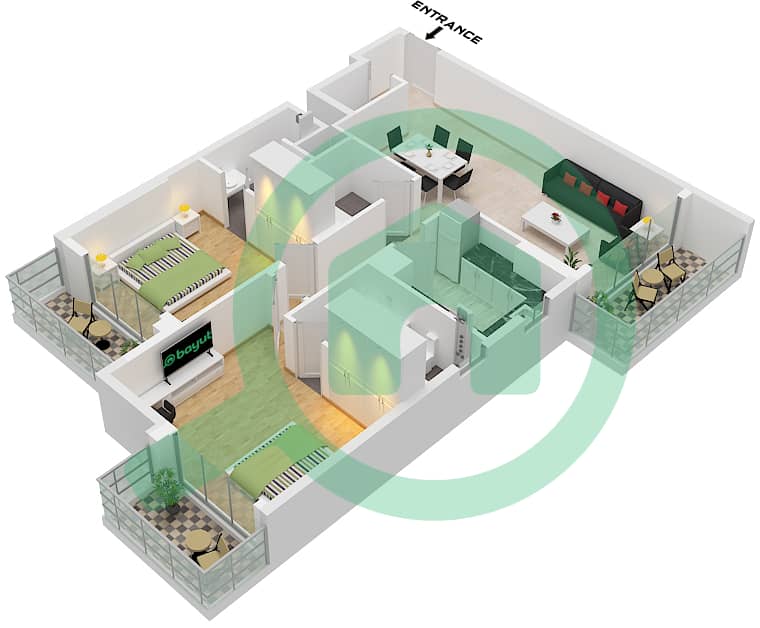 Symbolic Aura - 2 卧室公寓类型／单位A /UNIT 02,05, FLOOR 1-12戶型图 Type A Unit 02,05, Floor 1-12 interactive3D