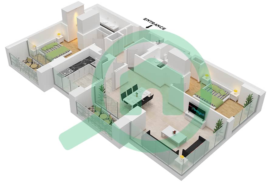 المخططات الطابقية لتصميم النموذج A FLOOR 19-34 شقة 2 غرفة نوم - دي أي إف سي ليفينج Type A Floor 19-34 interactive3D