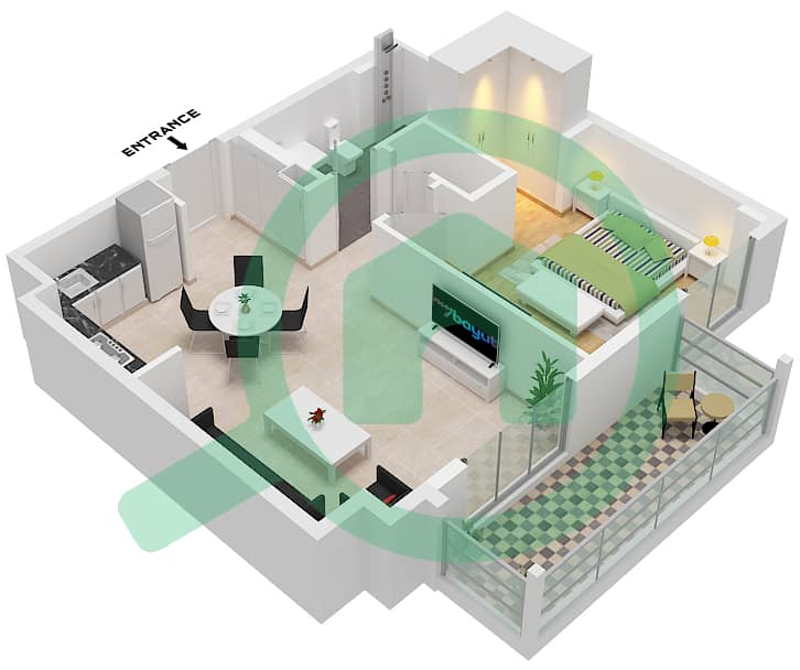 溪滩雪松 1 号楼 - 1 卧室公寓单位3 FLOOR 1戶型图 Unit 3 Floor 1 interactive3D