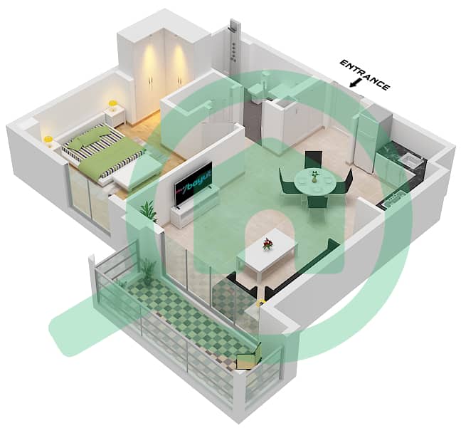溪滩雪松 1 号楼 - 1 卧室公寓单位4 FLOOR 1戶型图 Unit 4 Floor 1 interactive3D