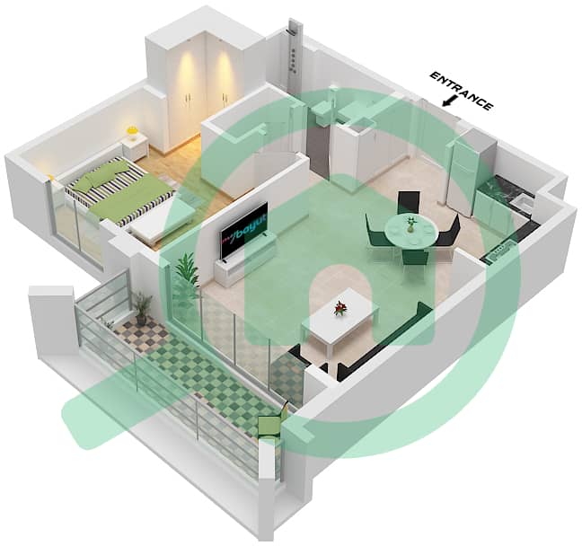 溪滩雪松 1 号楼 - 1 卧室公寓单位5,7 FLOOR 1-9戶型图 Unit 5 Floor 1,Unit 7 Floor 2-9 interactive3D