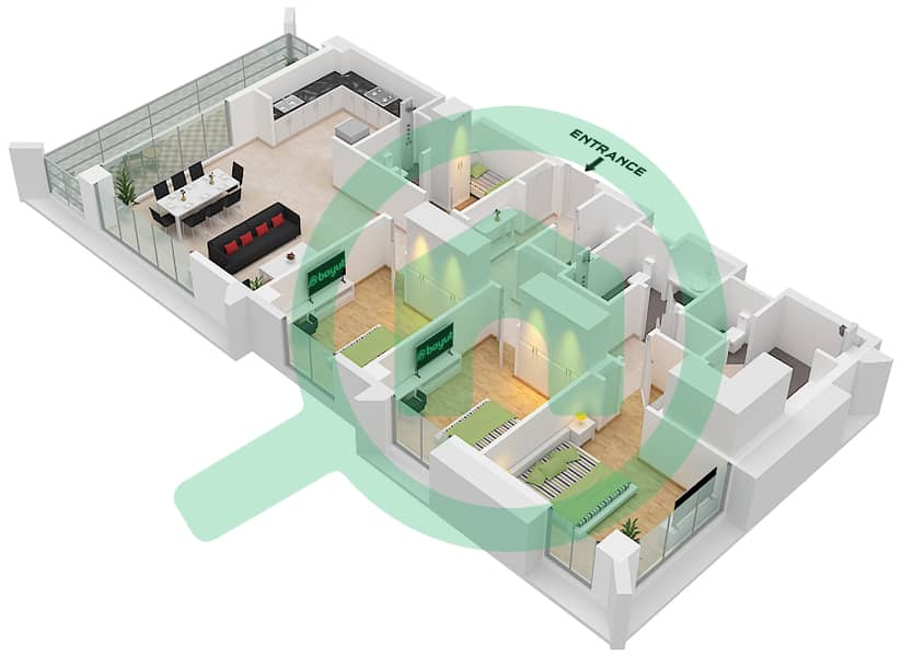 Cedar at Creek Beach Building 1 - 3 Bedroom Apartment Unit 1 FLOOR 2-9 Floor plan Unit 1  Floor 2-9 interactive3D