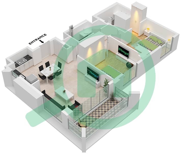 المخططات الطابقية لتصميم الوحدة 5 FLOOR 2-9 شقة 2 غرفة نوم - سيدار في شاطئ الخور بناية 1 Unit 5 Floor 2-9 interactive3D