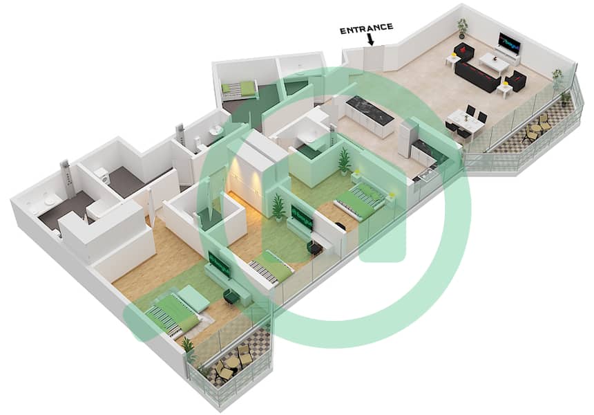Sea La Vie Tower 1 - 3 卧室公寓类型／单位B / UNIT 2 FLOOR 3戶型图 Type B Unit 2 Floor 3 interactive3D