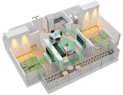 المخططات الطابقية لتصميم النموذج 1 شقة 2 غرفة نوم - جولف فيتا A
