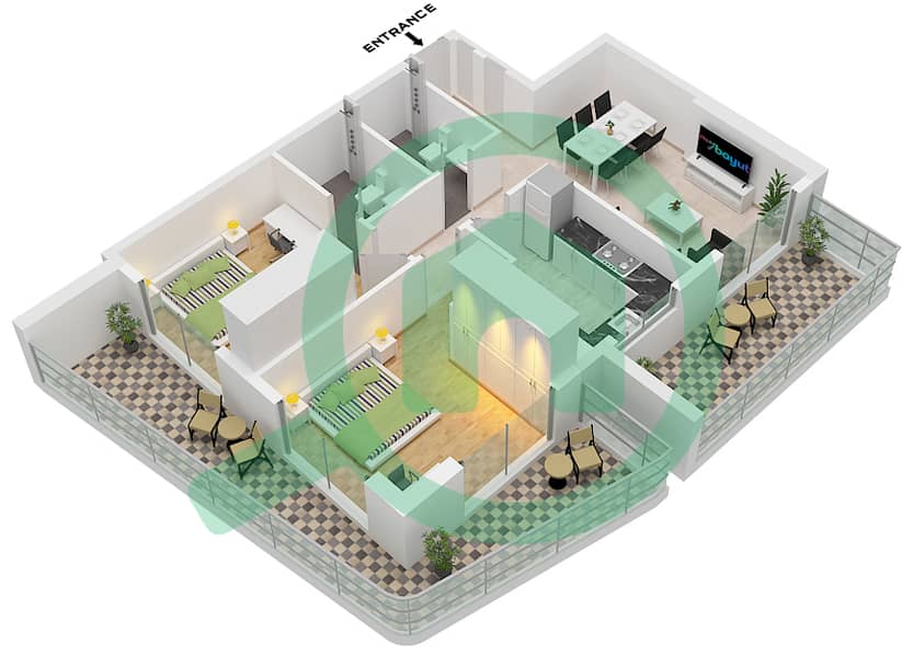 Binghatti Luna - 2 Bedroom Apartment Unit 1 Floor plan Unit 1 interactive3D