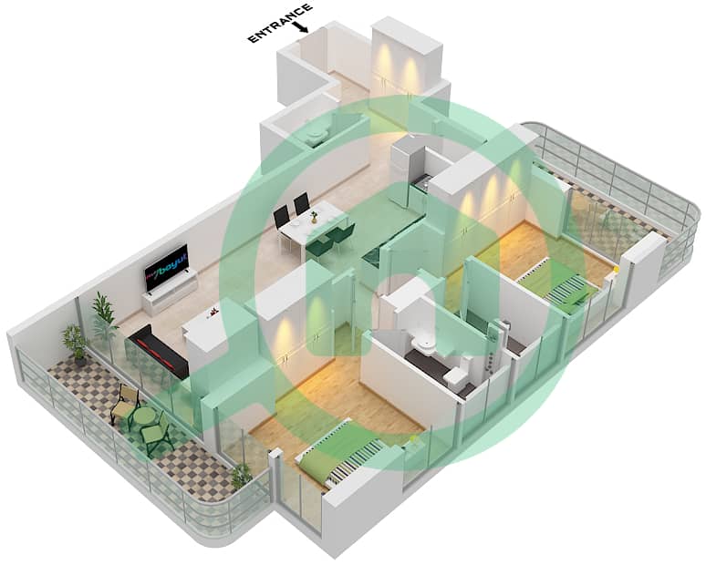 Creek View by Iraz - Апартамент 2 Cпальни планировка Тип/мера A / UNIT 2 FLOOR 1-13 Type A Unit 2 Floor 1-13 interactive3D