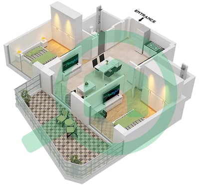 المخططات الطابقية لتصميم الوحدة 2412 شقة 2 غرفة نوم - بن غاطي افينيو