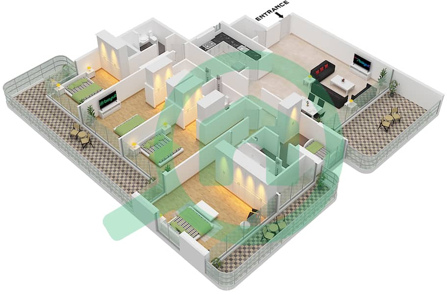 Creek View by Iraz - Апартамент 4 Cпальни планировка Тип/мера B / UNIT 2 FLOOR 14 Type B Unit 2 Floor 14 interactive3D