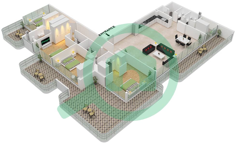 Creek View by Iraz - Апартамент 4 Cпальни планировка Тип/мера C / UNIT 3 FLOOR 14 Type C Unit 3 Floor 14 interactive3D