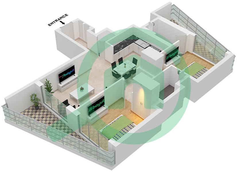 المخططات الطابقية لتصميم النموذج A (VARIANT 2) شقة 2 غرفة نوم - 330 ريفرسايد كريسنت Type A (Variant 2) interactive3D