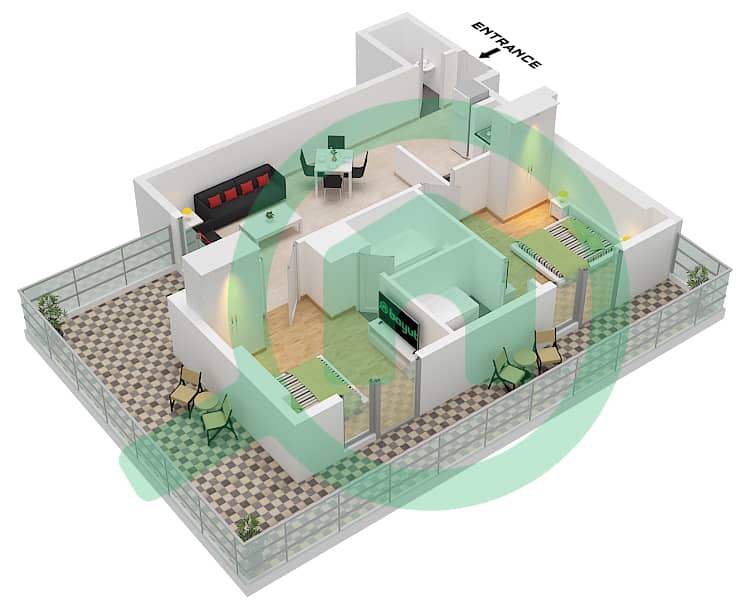 المخططات الطابقية لتصميم النموذج 6 شقة 2 غرفة نوم - مساكن النخبة الرياضية 8 Type 6 interactive3D