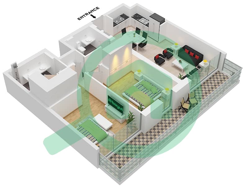 高尔夫山庄 - 2 卧室公寓类型／单位A/UNIT 2 FLOOR 2-22,25-43戶型图 Type A Unit 2, Floor 2-22,25-43 interactive3D