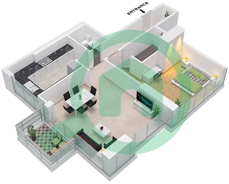 Ренад Тауэр - Апартамент 1 Спальня планировка Тип 1 FLOOR 1-13,15-27,29-35 Type 1 Floor 1-13,15-27,29-35 interactive3D