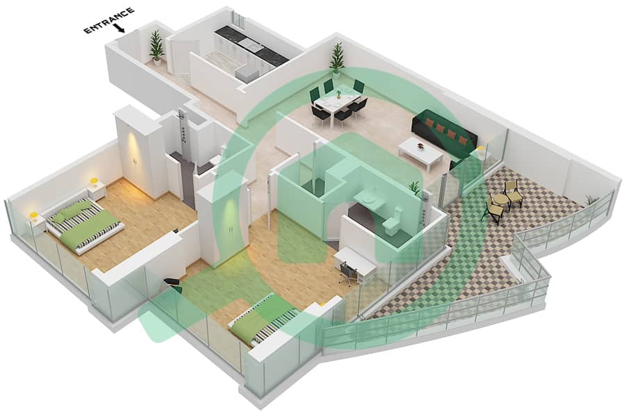 Ренад Тауэр - Апартамент 2 Cпальни планировка Тип 1 FLOOR 2-13,15-27,29-32 Type 1 Floor 2-13,15-27,29-32 interactive3D