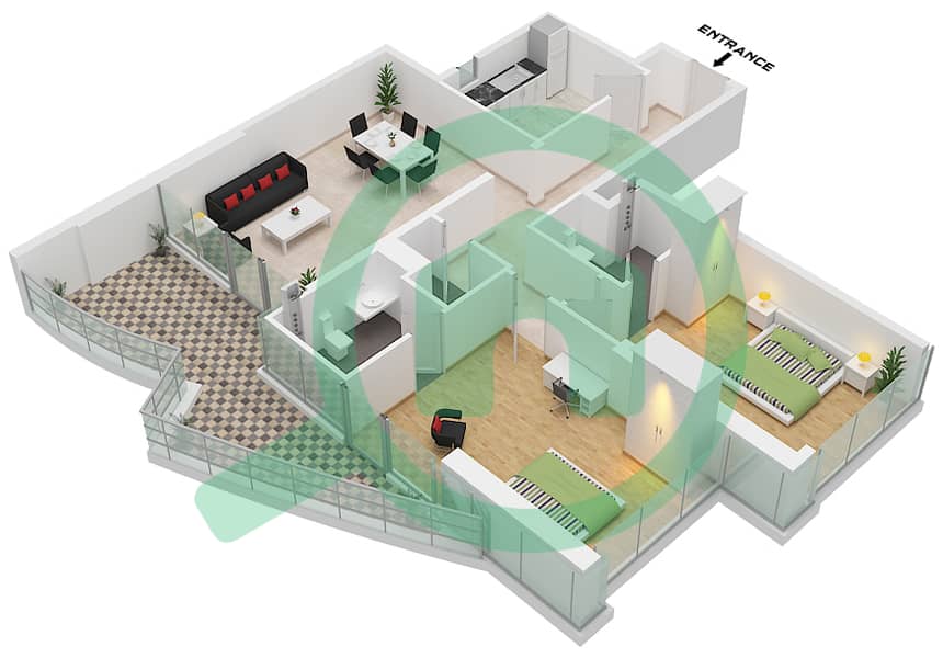 المخططات الطابقية لتصميم النموذج 2 FLOOR 2-13,15-27,29-32 شقة 2 غرفة نوم - برج ريناد Type 2 Floor 2-13,15-27,29-32 interactive3D