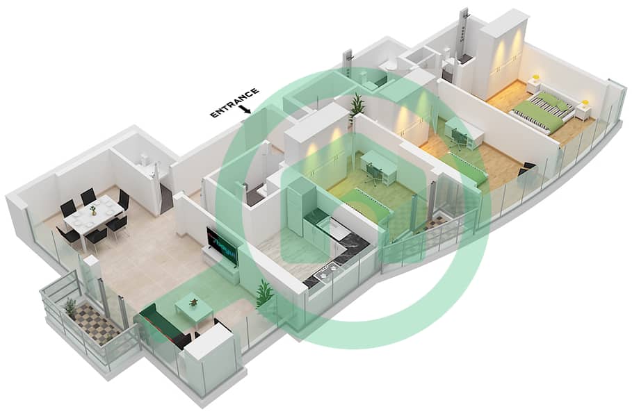 Ренад Тауэр - Апартамент 3 Cпальни планировка Тип 1 FLOOR 36-37 Type 1 Floor 36-37 interactive3D