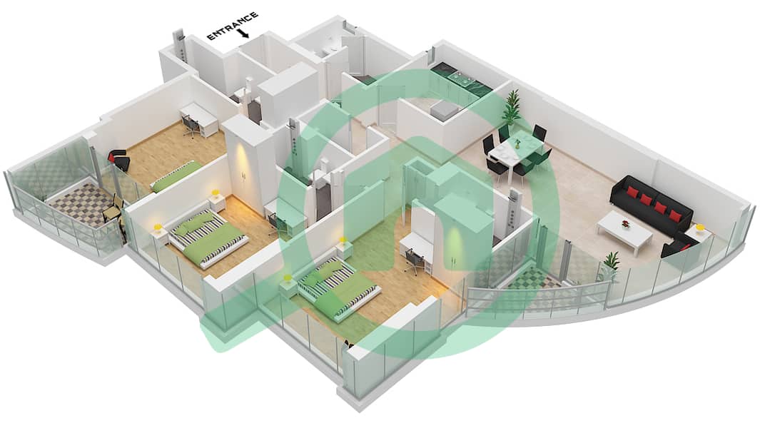 Ренад Тауэр - Апартамент 3 Cпальни планировка Тип 2 FLOOR 36-37 Type 2 Floor 36-37 interactive3D