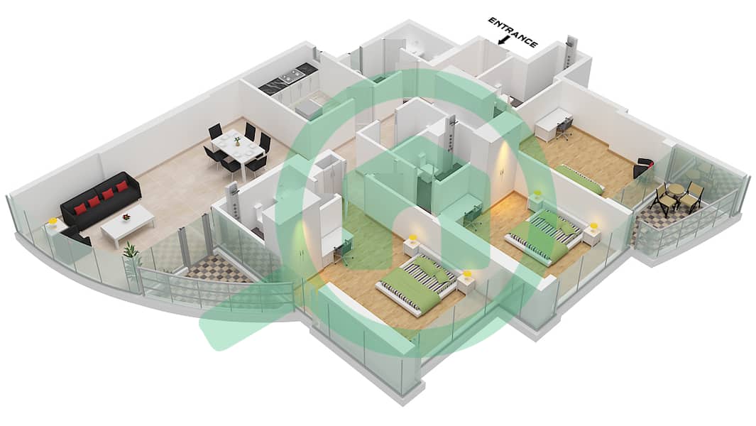 Ренад Тауэр - Апартамент 3 Cпальни планировка Тип 3 FLOOR 36-37 Type 3 Floor 36-37 interactive3D
