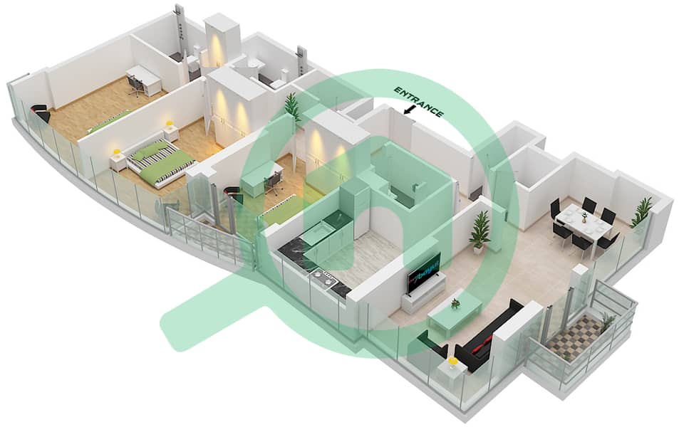 Ренад Тауэр - Апартамент 3 Cпальни планировка Тип 4 FLOOR 36-37 Type 4 Floor 36-37 interactive3D