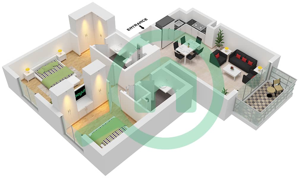 Парк Хорайзон Тауэр 1 - Апартамент 2 Cпальни планировка Тип/мера C2 / UNIT 3 FLOOR 2-10 Type C2 Unit 3 Floor 2-10 interactive3D