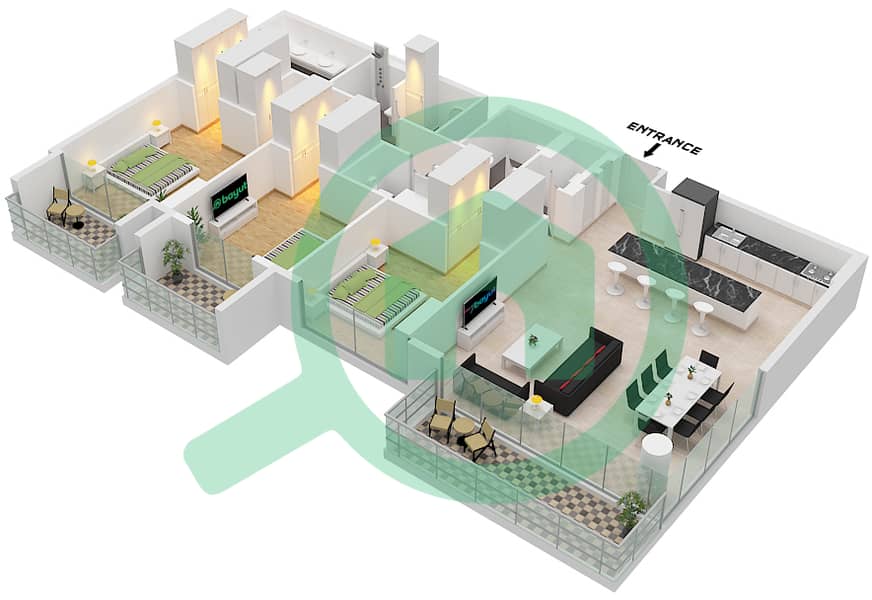 المخططات الطابقية لتصميم النموذج / الوحدة A.2 / UNIT16 FLOOR 2 شقة 3 غرف نوم - سنترال بارك ثايم Type A.2 Unit16 Floor 2 interactive3D
