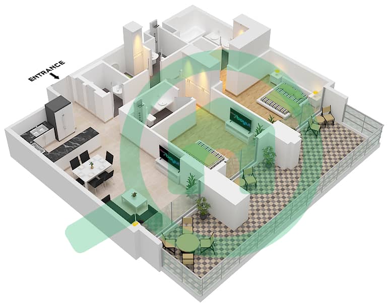 المخططات الطابقية لتصميم النموذج / الوحدة A.2 / UNIT 2 FLOOR 1 شقة 2 غرفة نوم - سنترال بارك ثايم Type A.2 Unit 2 Floor 1 interactive3D