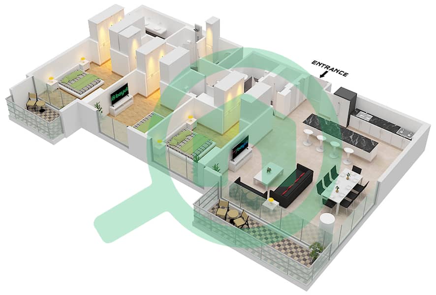 المخططات الطابقية لتصميم النموذج / الوحدة A.3 / UNIT 16 FLOOR 3-8 شقة 3 غرف نوم - سنترال بارك ثايم Type A.3 Unit 16 Floor 3-8 interactive3D