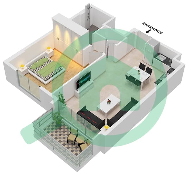 المخططات الطابقية لتصميم النموذج / الوحدة A.5/UNIT 6,13M,14 FLOOR 2 شقة 1 غرفة نوم - سنترال بارك ثايم Type A.5 Unit 6,13M,14 Floor 2-8 interactive3D
