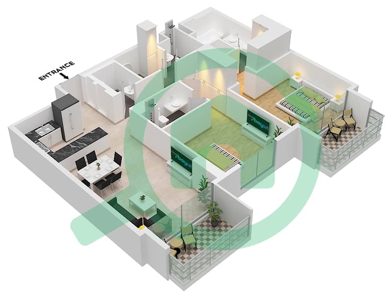 المخططات الطابقية لتصميم النموذج / الوحدة A.6 / UNIT 2 FLOOR 3-8 شقة 2 غرفة نوم - سنترال بارك ثايم Type A.6 Unit 2 Floor 3-8 interactive3D