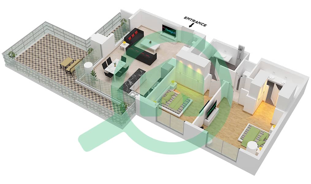 المخططات الطابقية لتصميم النموذج / الوحدة B.1 / UNIT 13 FLOOR 1 شقة 2 غرفة نوم - سنترال بارك ثايم Type B.1 Unit 13 Floor 1 interactive3D