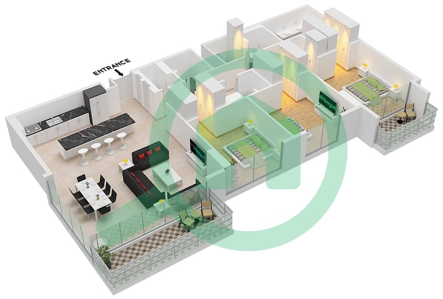 المخططات الطابقية لتصميم النموذج / الوحدة B.3 / UNIT 3 FLOOR 3-8 شقة 3 غرف نوم - سنترال بارك ثايم Type B.3 Unit 3 Floor 3-8 interactive3D