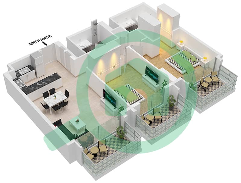 المخططات الطابقية لتصميم النموذج / الوحدة C.1 / UNIT 10 FLOOR 1 شقة 2 غرفة نوم - سنترال بارك ثايم Type C.1 Unit 10 Floor 1 interactive3D