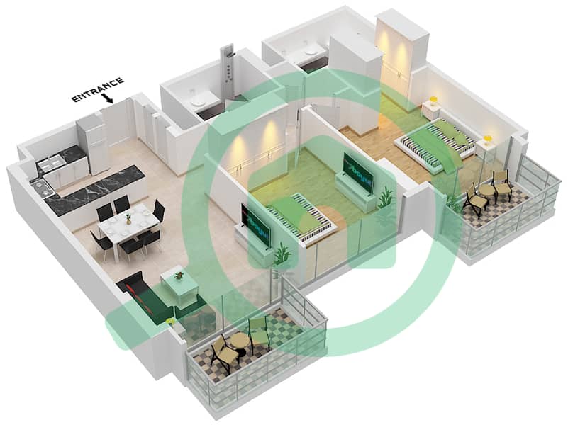 المخططات الطابقية لتصميم النموذج / الوحدة C.4 / UNIT 12 FLOOR 2-8 شقة 2 غرفة نوم - سنترال بارك ثايم Type C.4 Unit 12 Floor 2-8 interactive3D