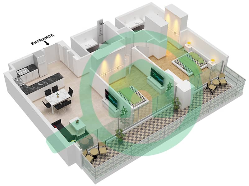 المخططات الطابقية لتصميم النموذج / الوحدة C.6 / UNIT 10 FLOOR 9 شقة 2 غرفة نوم - سنترال بارك ثايم Type C.6 Unit 10 Floor 9 interactive3D