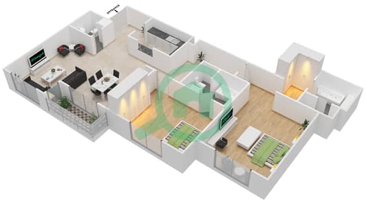 المخططات الطابقية لتصميم الوحدة 26 شقة 2 غرفة نوم - بحر 5