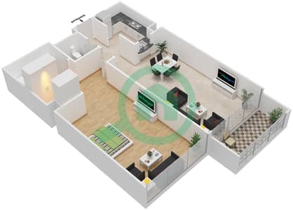 المخططات الطابقية لتصميم النموذج D شقة 1 غرفة نوم - أبراج عجمان ون