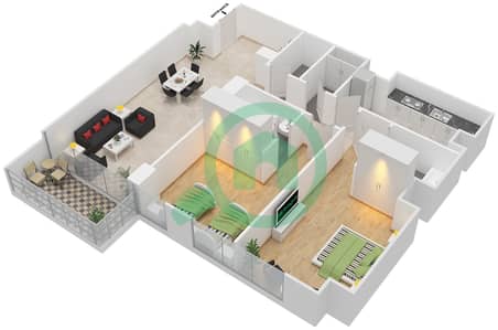 المخططات الطابقية لتصميم النموذج A شقة 2 غرفة نوم - أبراج عجمان ون