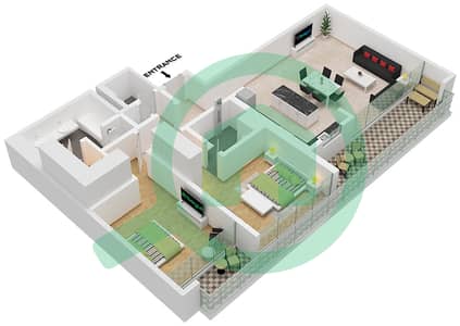 المخططات الطابقية لتصميم الوحدة 1 PODIUM 2 شقة 2 غرفة نوم - فندق ومساكن ريكسوس جزر دبي