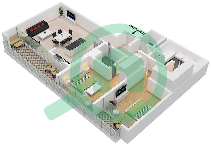 Rixos Dubai Islands Hotel & Residences - 2 Bedroom Apartment Unit 1 FLOOR 3-7 Floor plan Unit 1 Floor 3-7 interactive3D