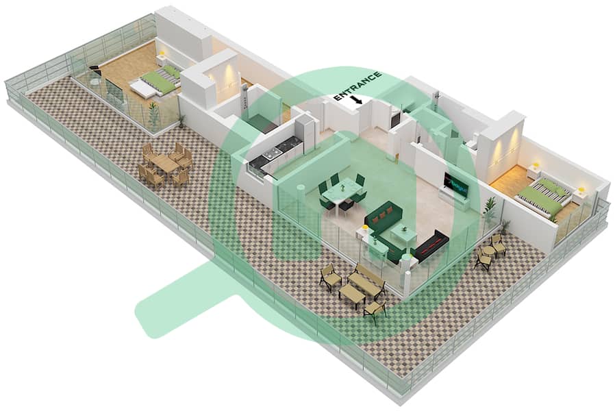 المخططات الطابقية لتصميم الوحدة 4 FLOOR 8 شقة 2 غرفة نوم - فندق ومساكن ريكسوس جزر دبي Unit 4 Floor 8 interactive3D