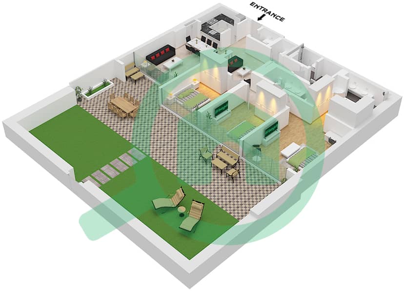 Rixos Dubai Islands Hotel & Residences - 3 Bedroom Apartment Unit 4 PODIUM 2 OPTION 1 Floor plan Unit 4 Podium 2 Option 1 interactive3D